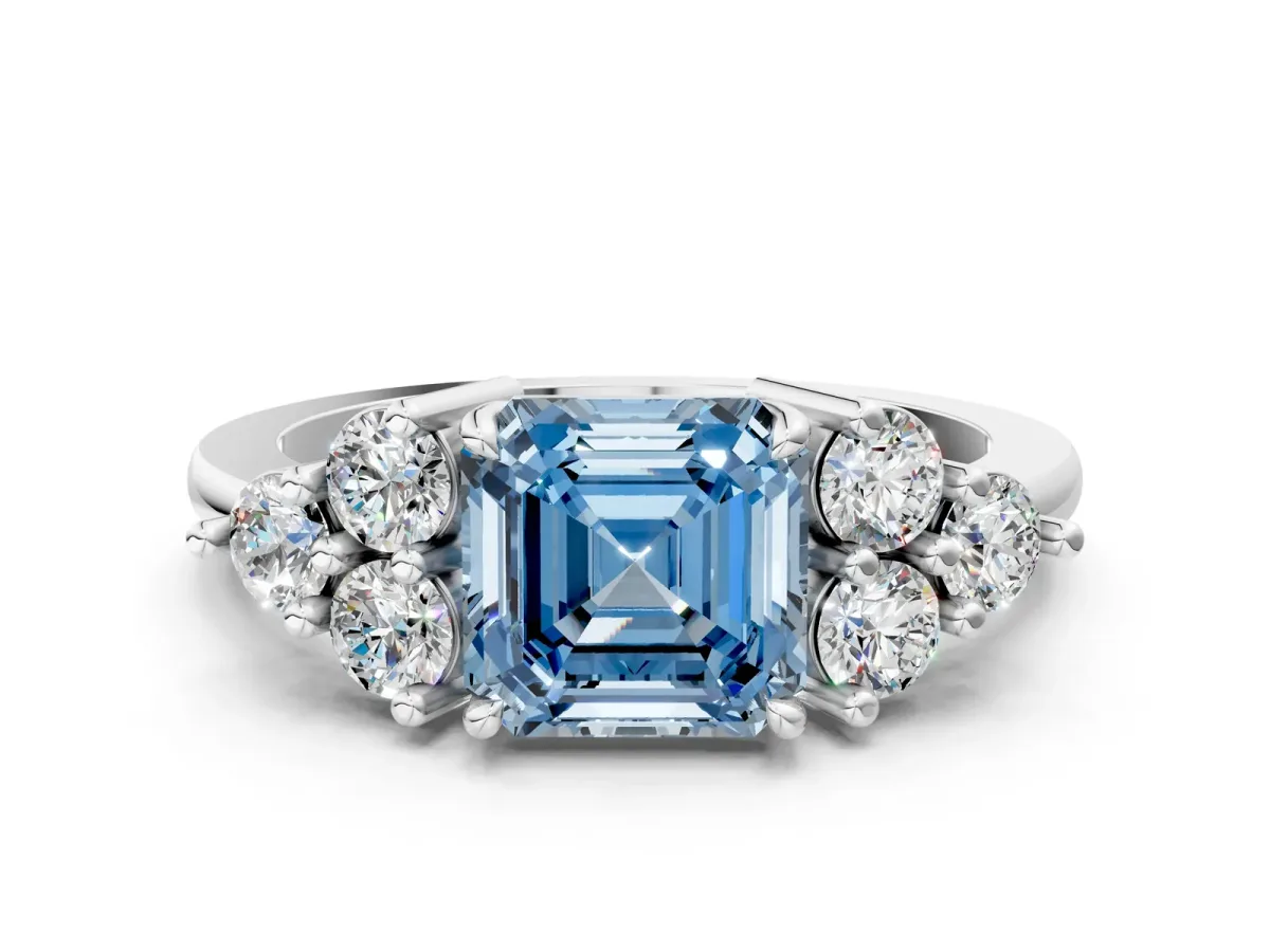 Fancy Blue Asscher Cut Brilliant Diamond Cluster Accent Solitaire Ring with Prong Setting Platinum
