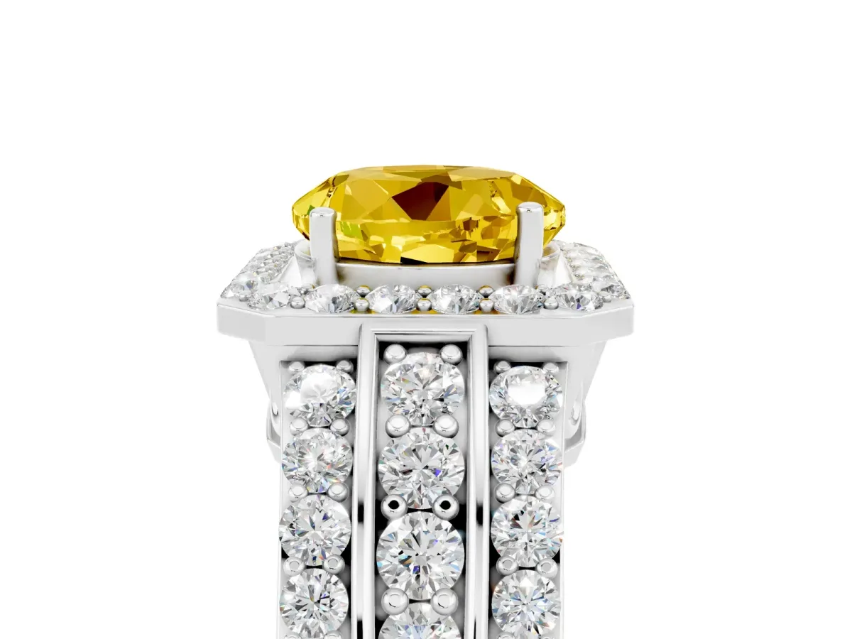 Round Cut Halo Yellow Sapphire Ring with Round Split Shank and Prong Setting Silver