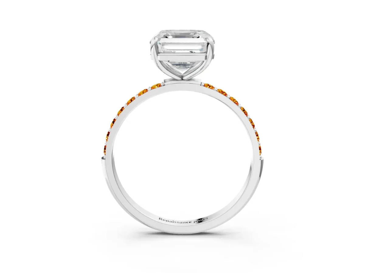 Asscher Cut Diamond Solitaire Ring with Round Citrine Pavé Band and Prong Setting Silver