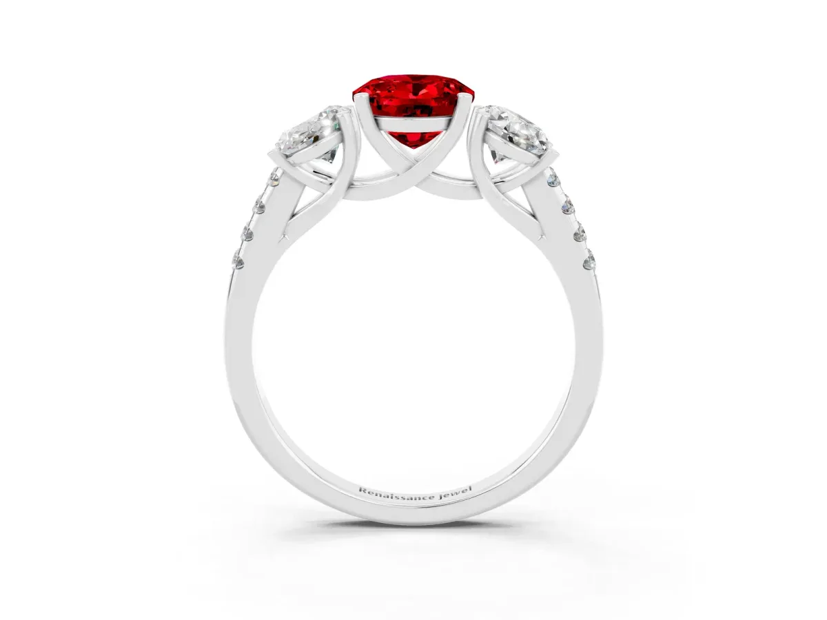 Three-Stone Oval Cut Ruby Ring with Round Pavé Band and Prong Setting Silver
