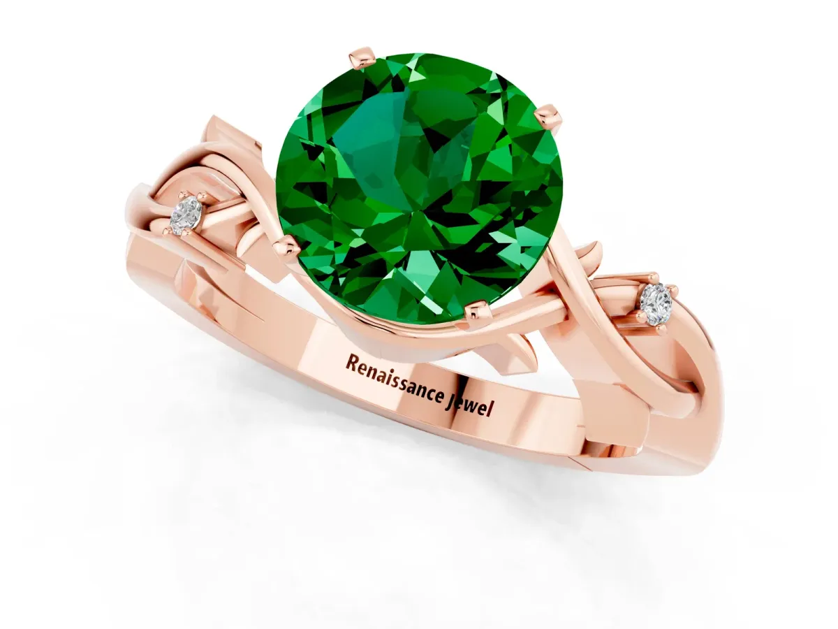 Round Cut Emerald Solitaire Ring with Twisted Band and Prong Setting Rose gold