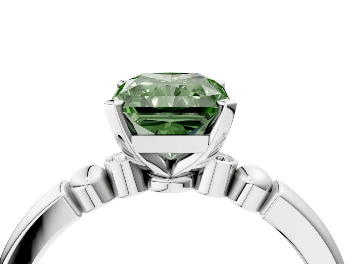 Fancy Green Radiant Cut Solitaire Beaded Band with Four-Prong Setting Platinum