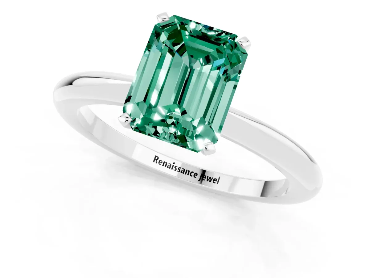 Emerald Cut Green Sapphire Solitaire Ring with Six-Prong Setting and Classic Band Silver