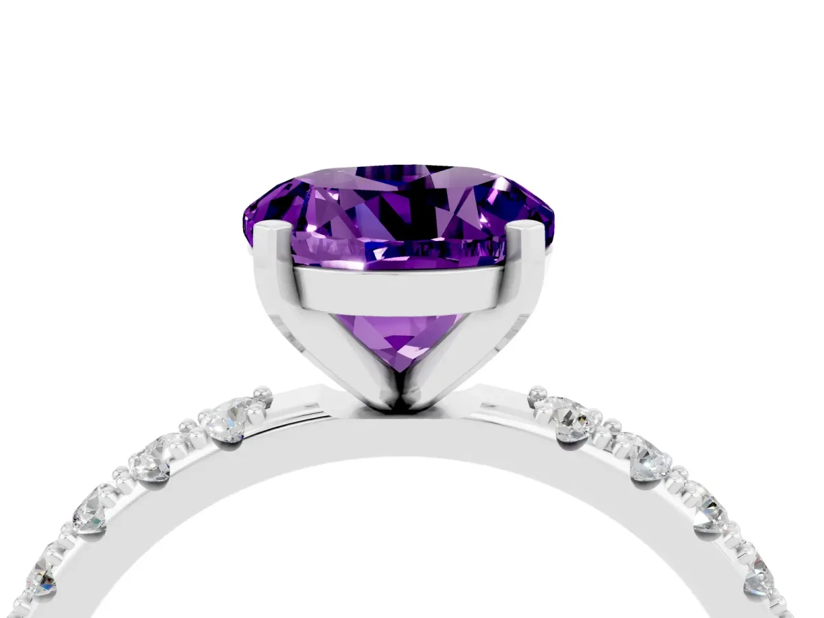 Round Cut Amethyst Solitaire Pavé Band with Four-Prong Setting Platinum