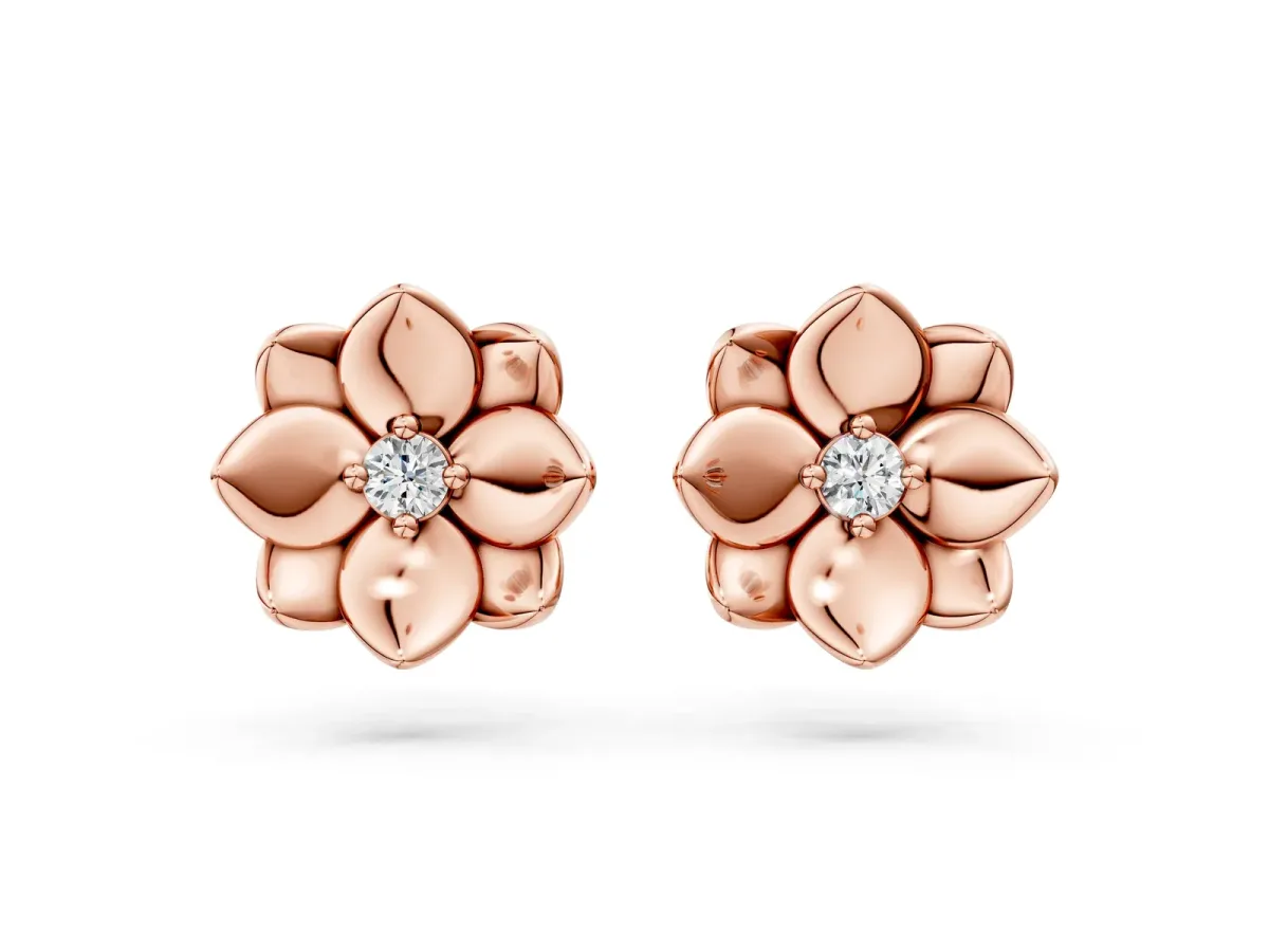 Round Diamond Magnolia Floral Stud Earrings Rose gold