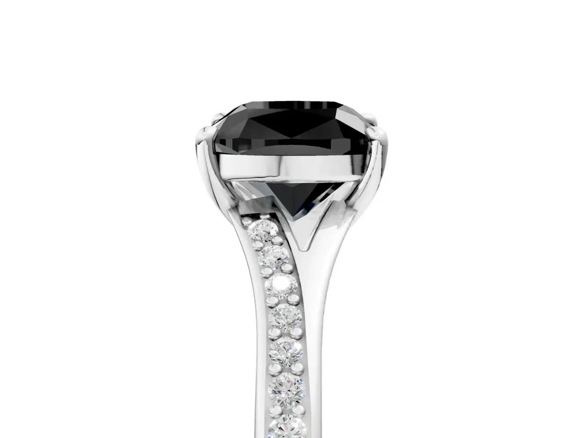 Fancy Black Cushion Cut Diamond Solitaire Ring with Pavé Band and Prong Setting Silver