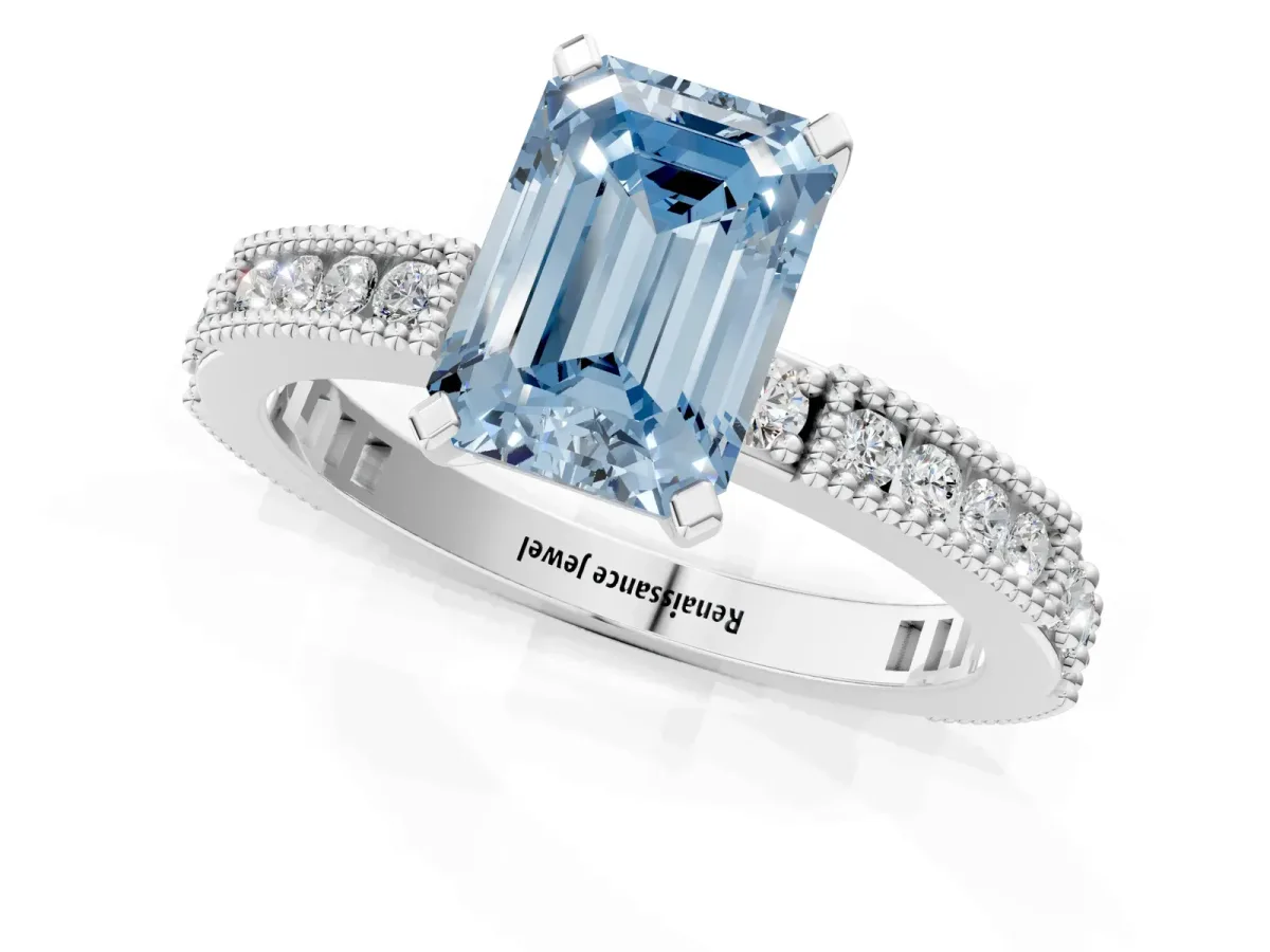 Fancy Blue Emerald Cut Solitaire with Pavé Band and Four-Prong Setting Silver