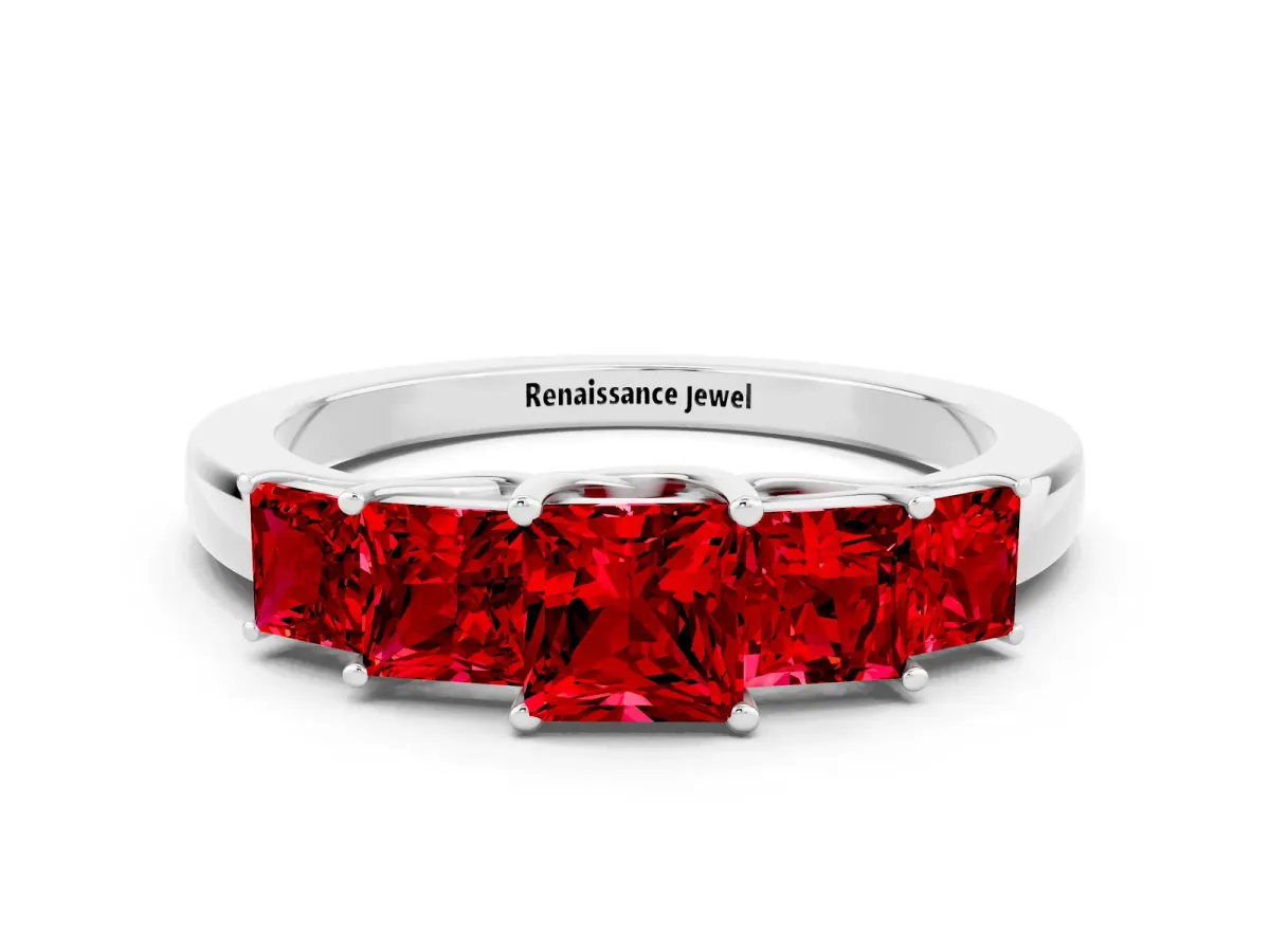 Princess Cut Five-Stone Ruby Ring with Classic Prong Setting Platinum