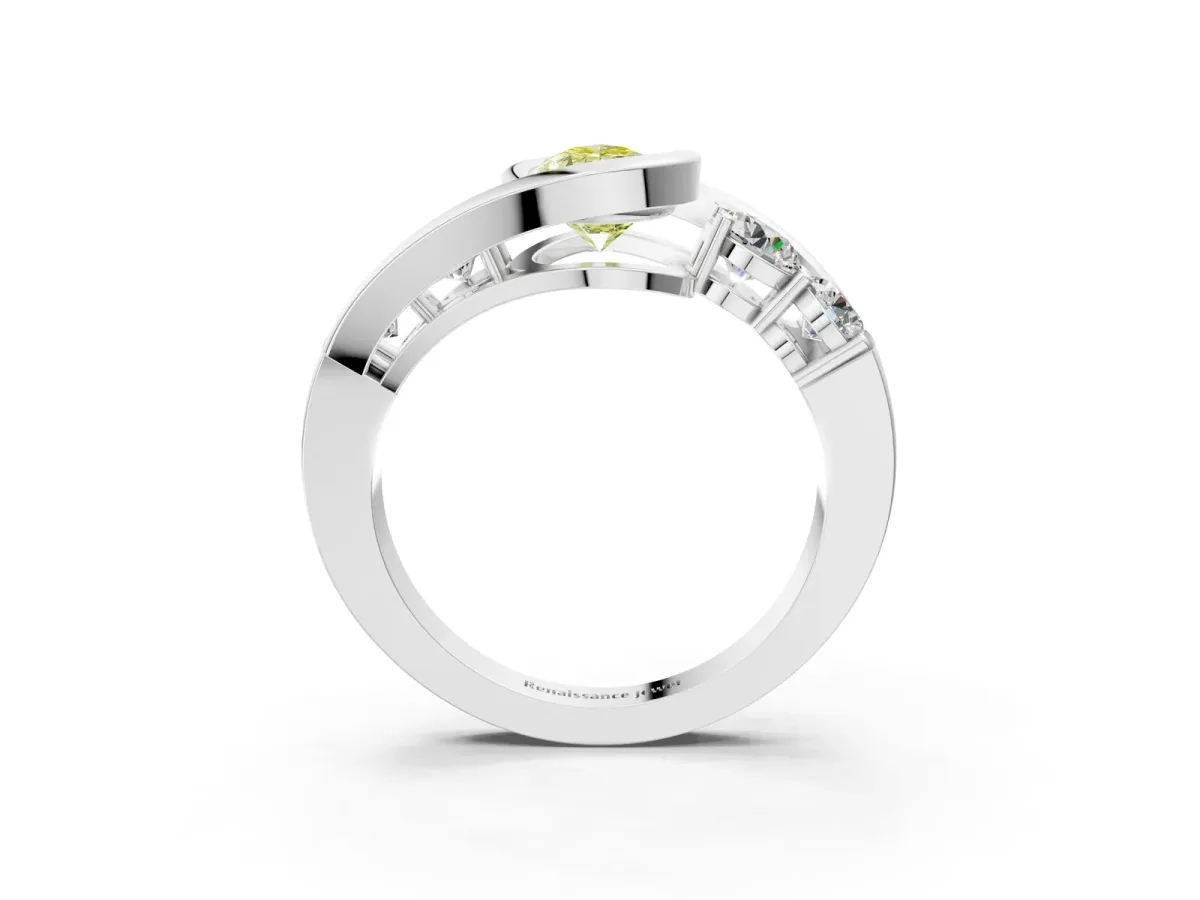 Fancy Yellow Bezel Set Pear Cut Diamond Bypass Ring with Round Accents Platinum