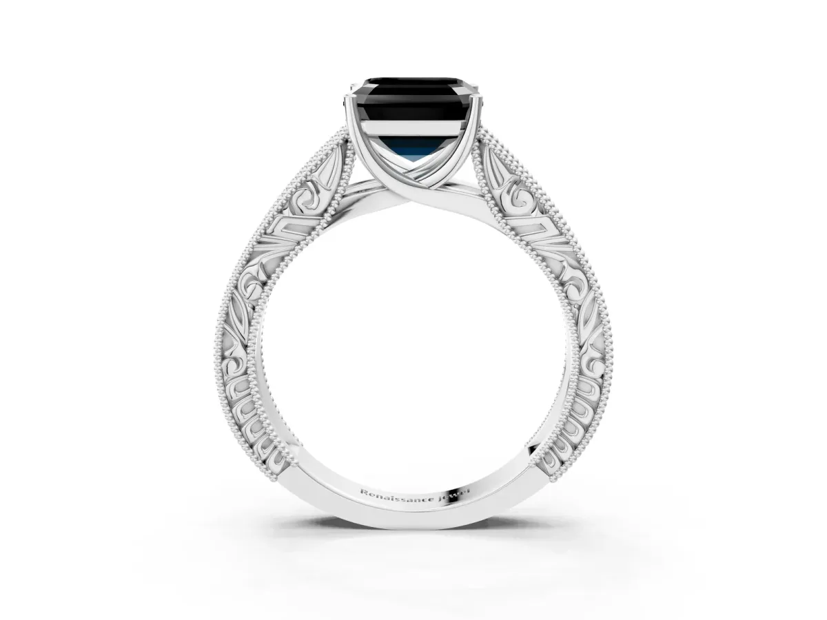 Fancy Black Asscher Cut Diamond Solitaire Ring with Engraved Band and Four-Prong Setting Platinum