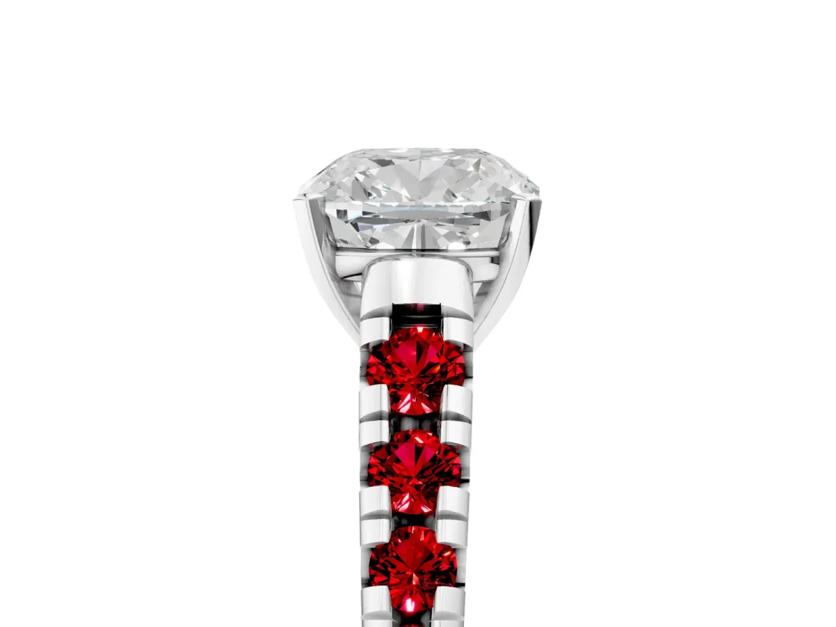 Cushion Cut Diamond Cathedral Solitaire Ring with Round Ruby Pavé Band White gold
