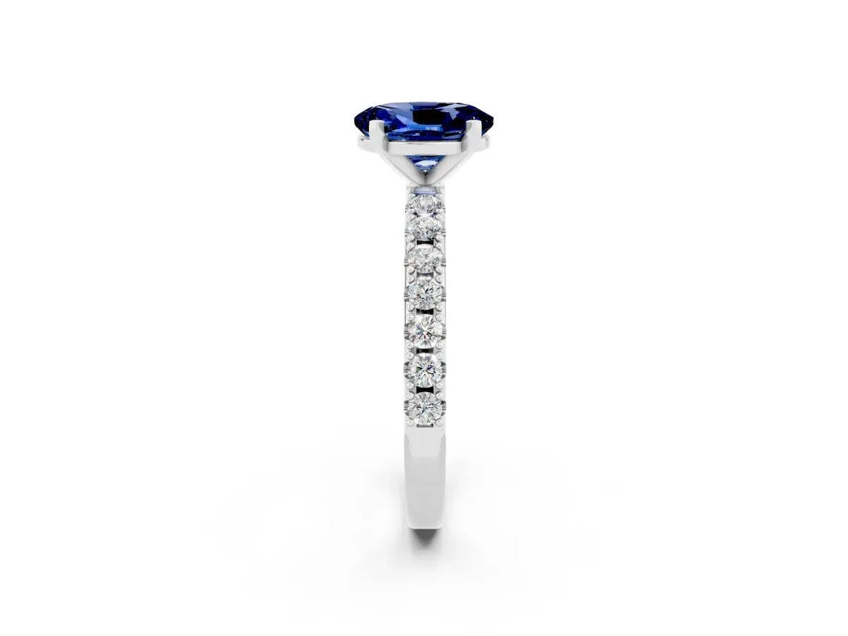 Oval Cut Blue Sapphire Solitaire Pavé Band with Four-Prong Setting Silver