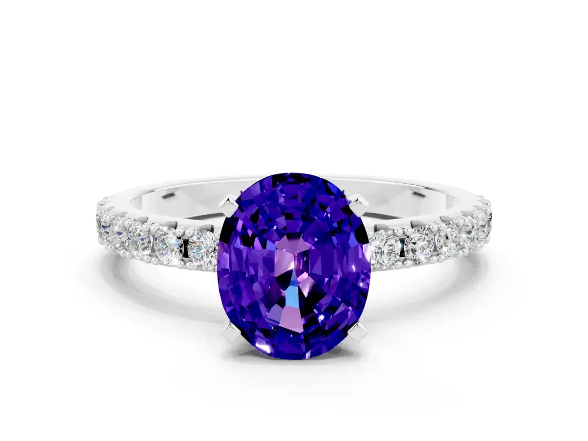 Oval Cut Tanzanite Solitaire Pavé Band with Four-Prong Setting Platinum