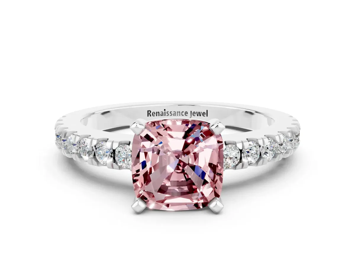 Cushion Cut Solitaire Morganite with Pavé Band and Four-Prong Setting Silver