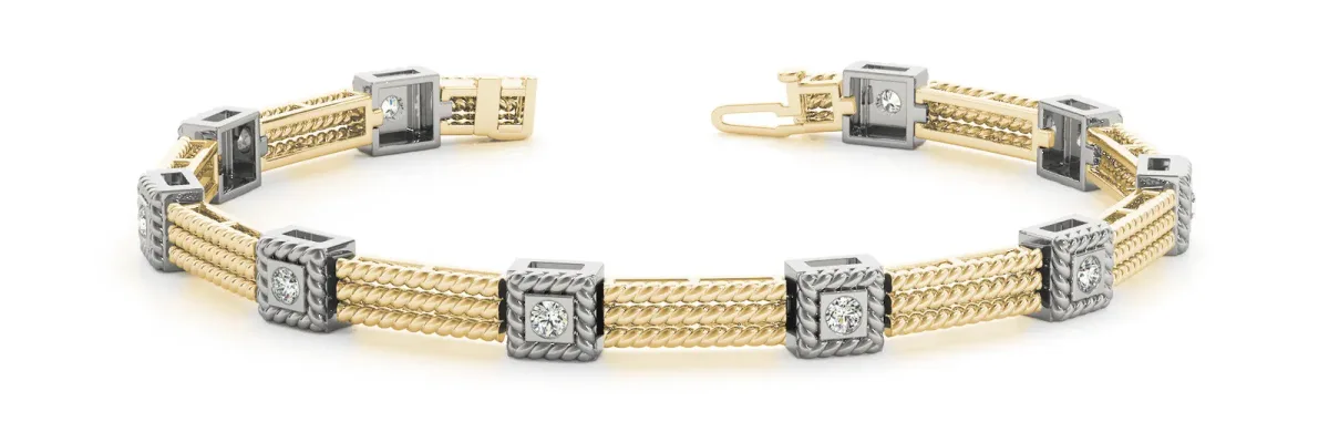 Square Bezel Diamond Rope Chain Bracelet Yellow gold
