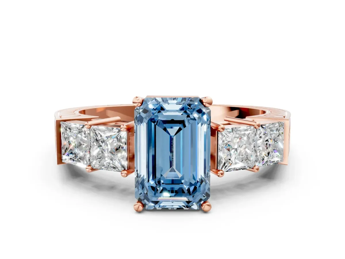 Fancy Blue Emerald Cut Solitaire Princess Side Stone Engraved Band Prong Setting Ring Rose gold