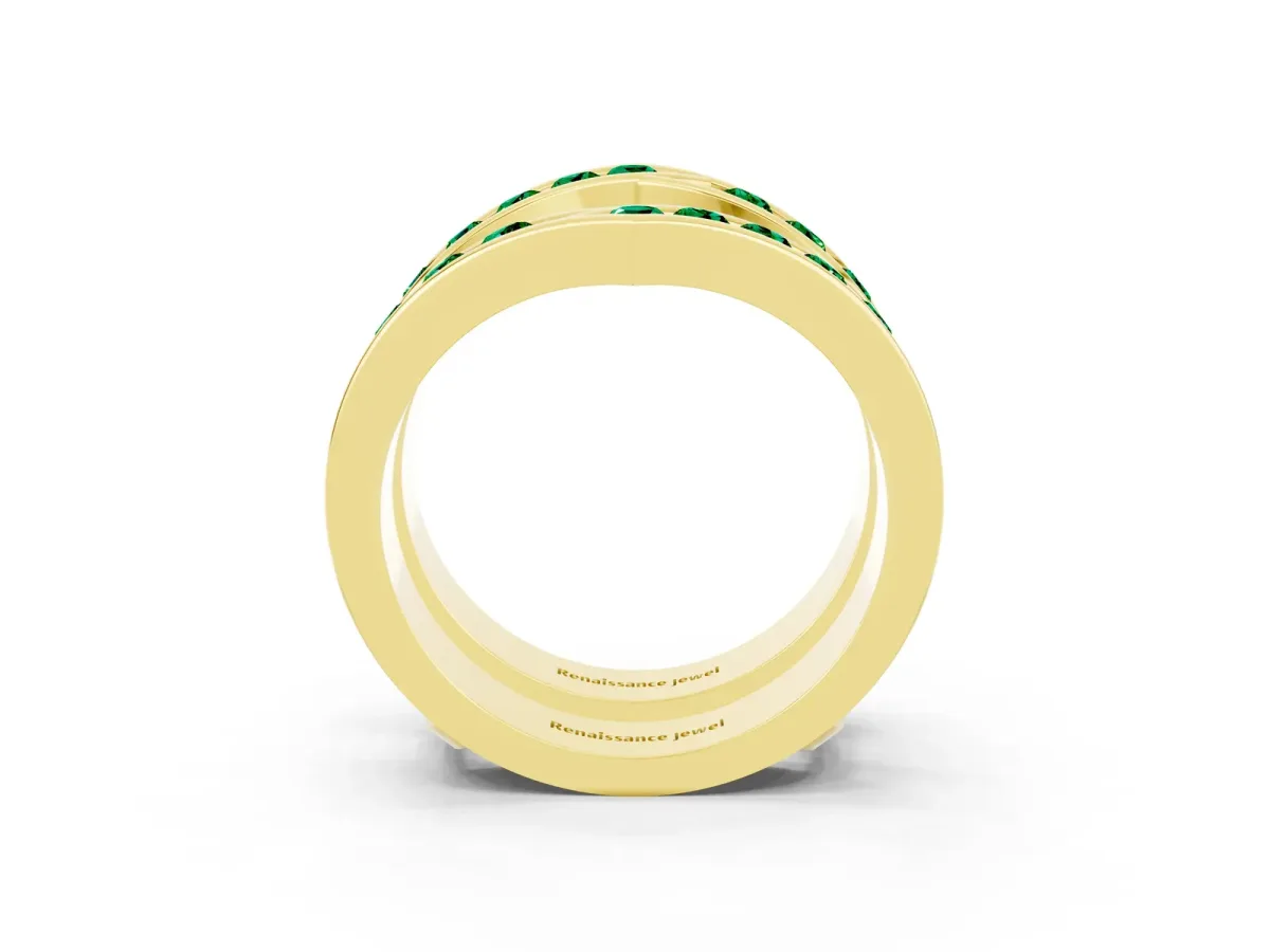 Round Emerald Channel-Set Chevron Band Yellow gold