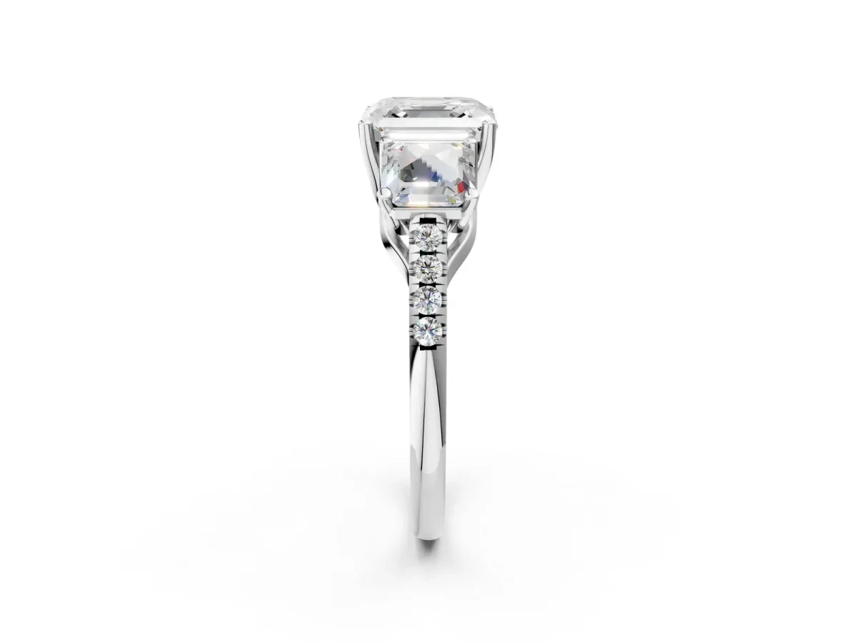 Three-Stone Asscher Cut Diamond Ring with Round Pavé Band and Prong Setting White gold