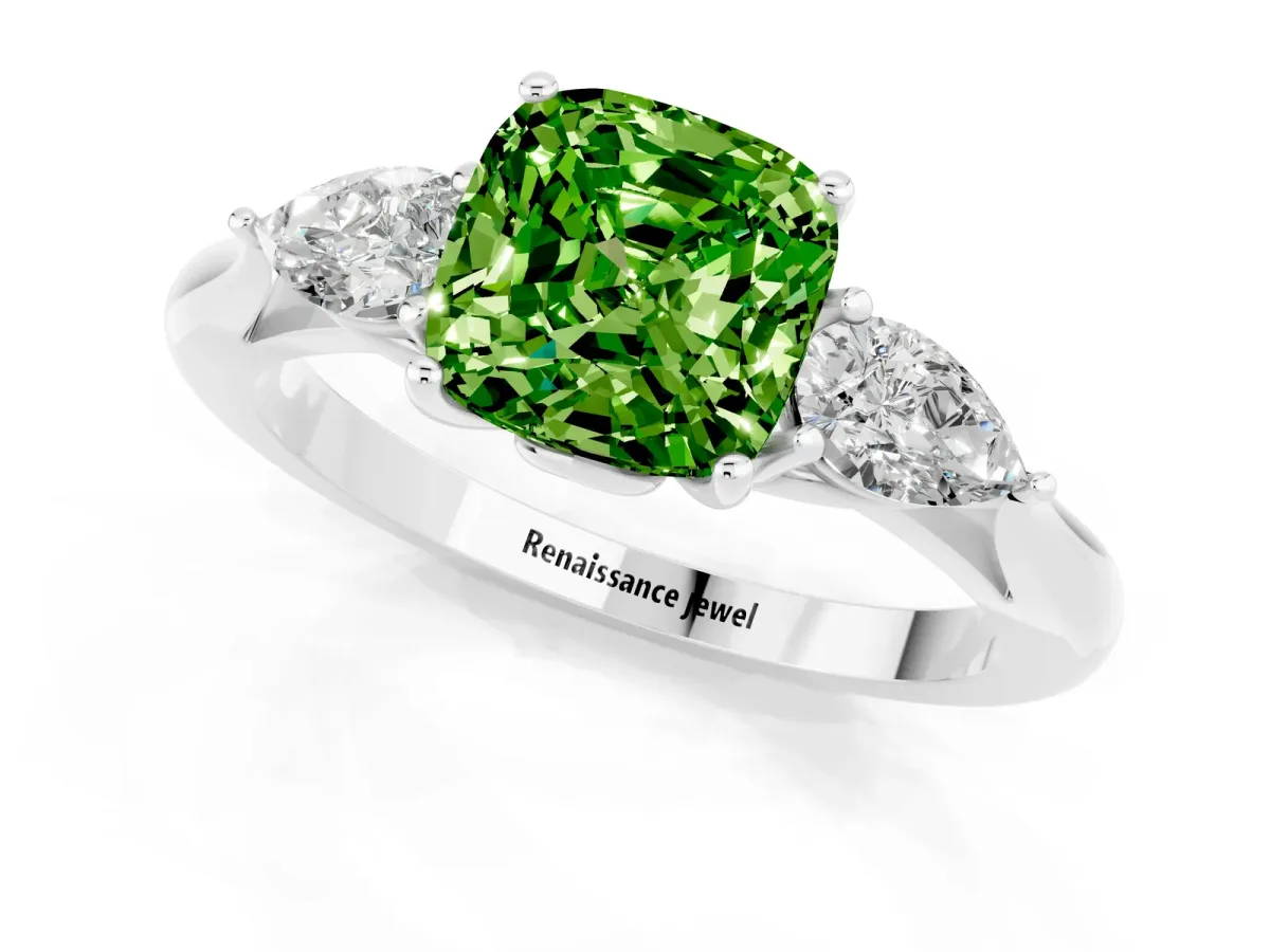 Three-Stone Cushion Cut Peridot Ring with Pear Side Stones in Four-Prong Setting White gold