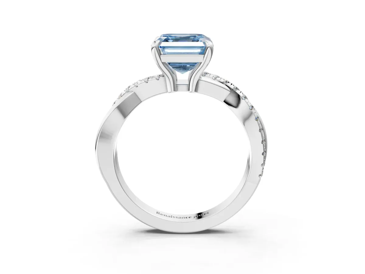 Fancy Blue Asscher Cut Cut Twist Band Solitaire Diamond Ring with Pavé Setting Platinum