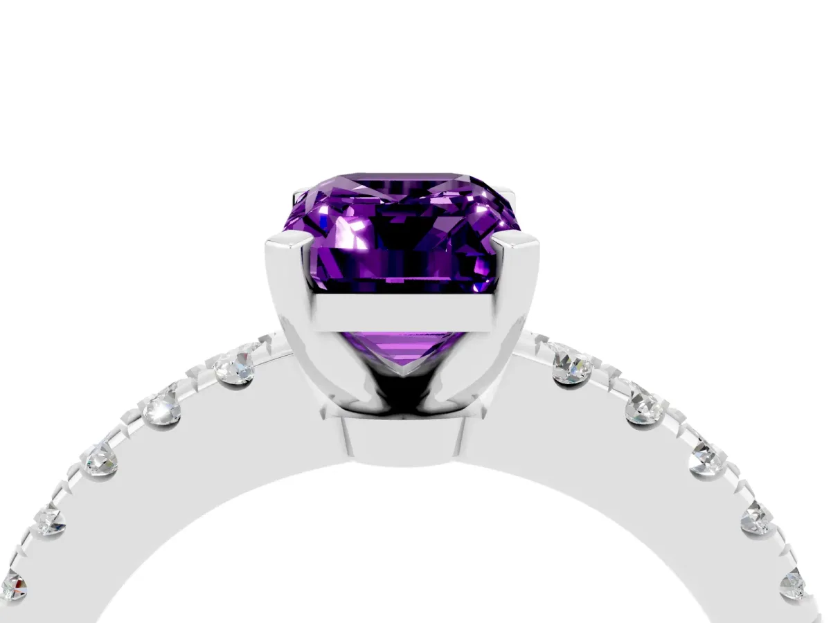 Emerald Cut Solitaire Amethyst with Pavé Band and Four-Prong Setting Platinum