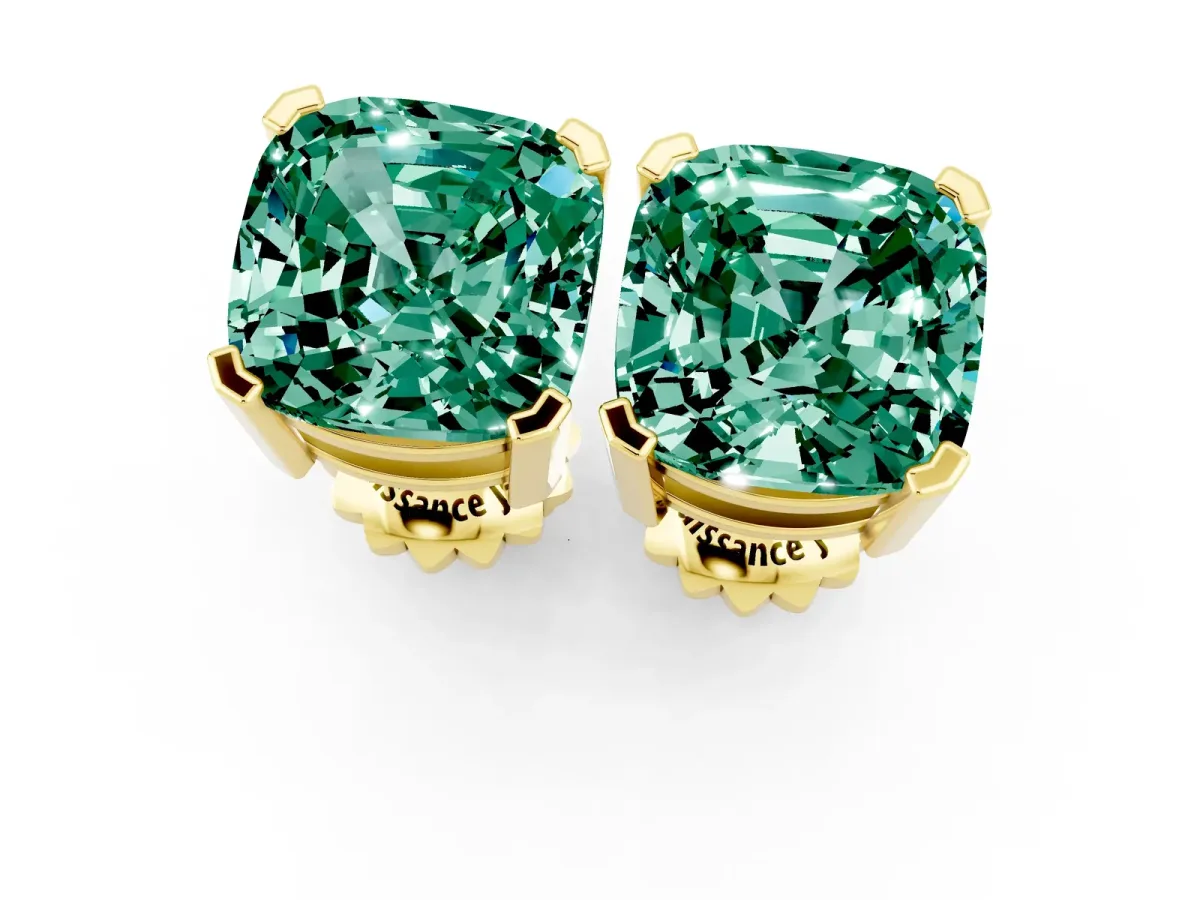 Cushion Cut Green Sapphire Stud Earrings Yellow gold