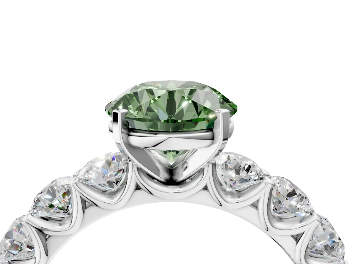Fancy Green Round Cut Diamond Prong Setting with Side Stones on a Pave Band Silver