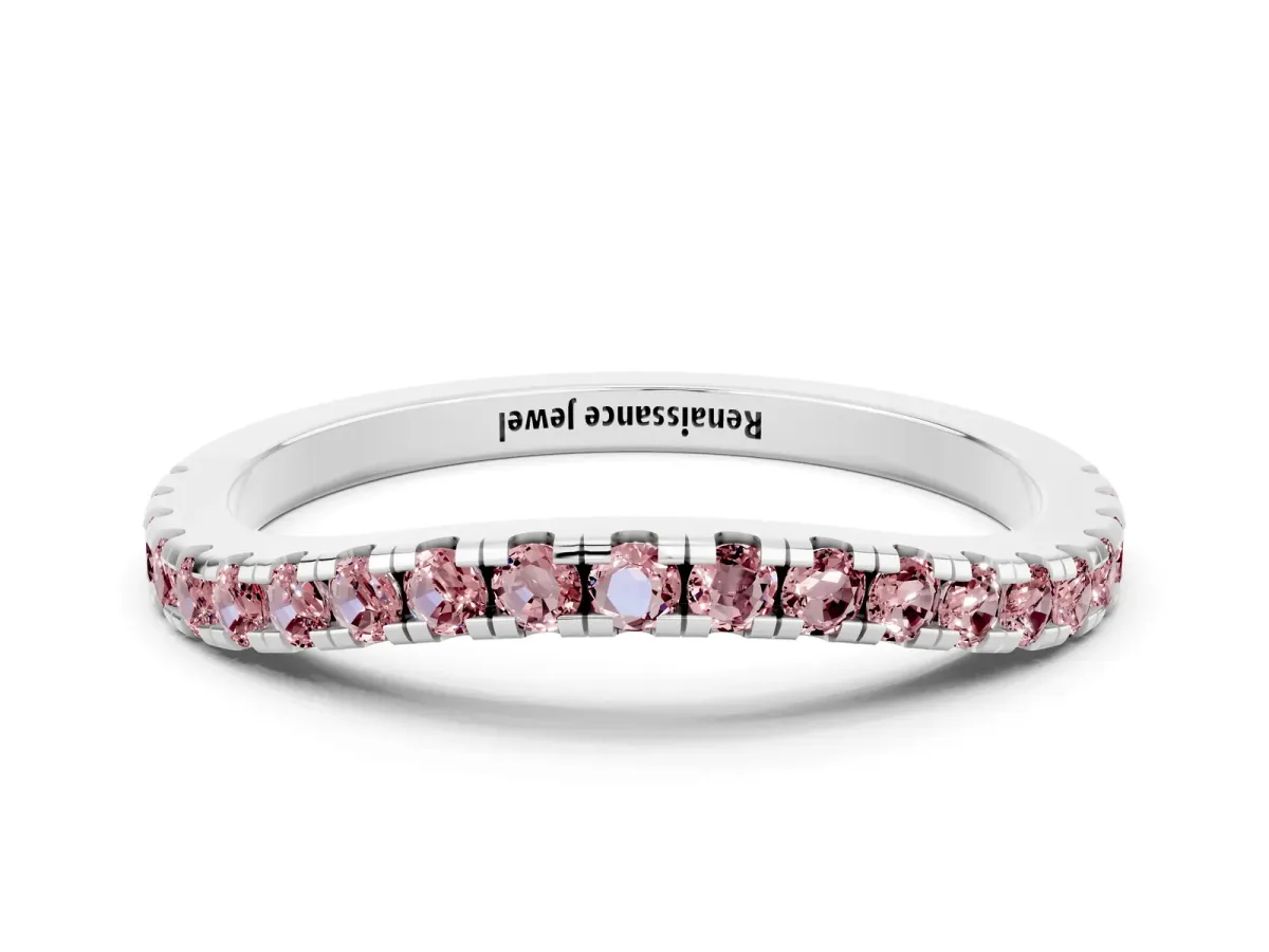 Round Morganite Pavé Half Eternity Band with Shared Prong Setting Silver