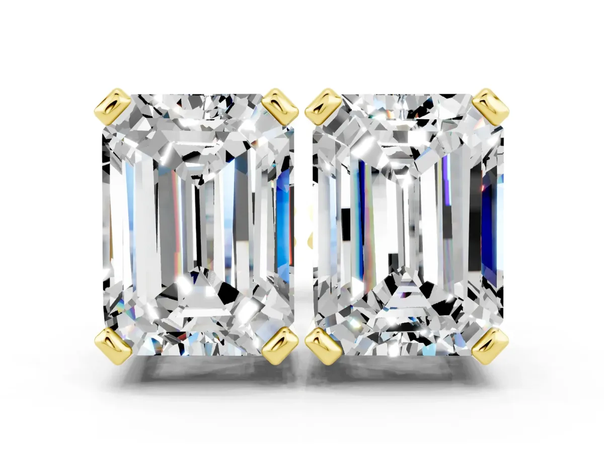Emerald Cut Moissanite Stud Earrings Yellow gold