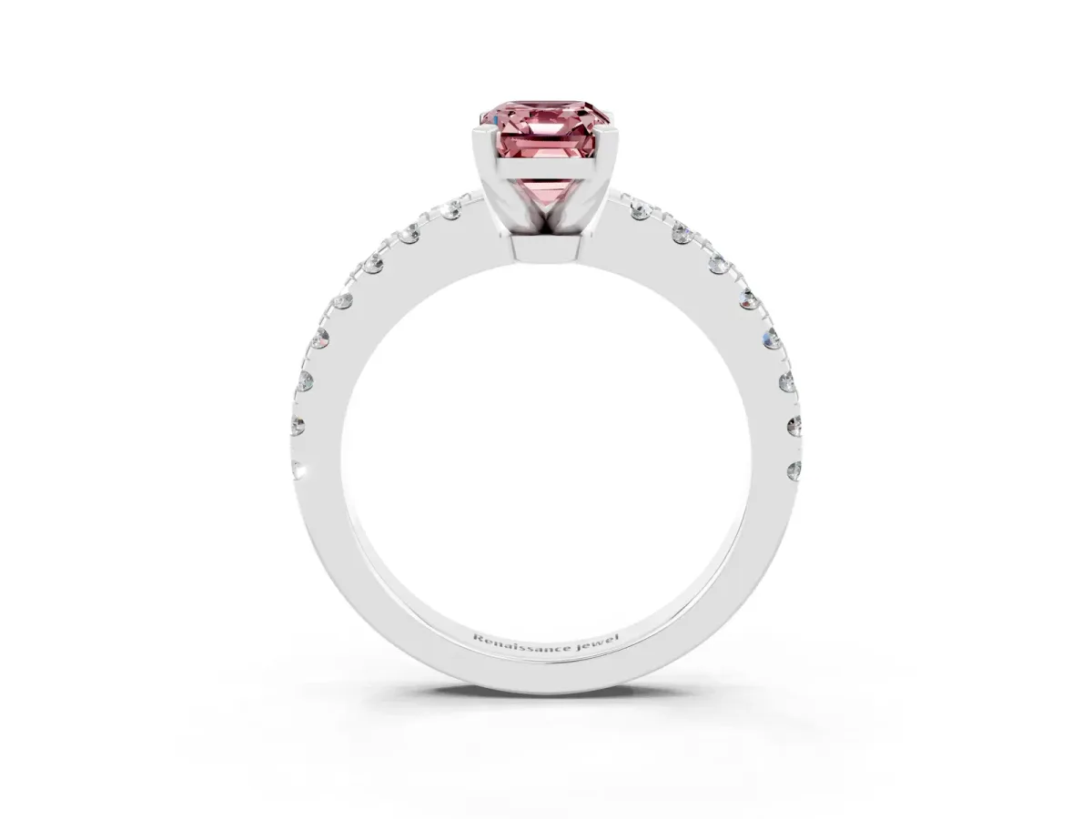 Emerald Cut Solitaire Morganite with Pavé Band and Four-Prong Setting Platinum