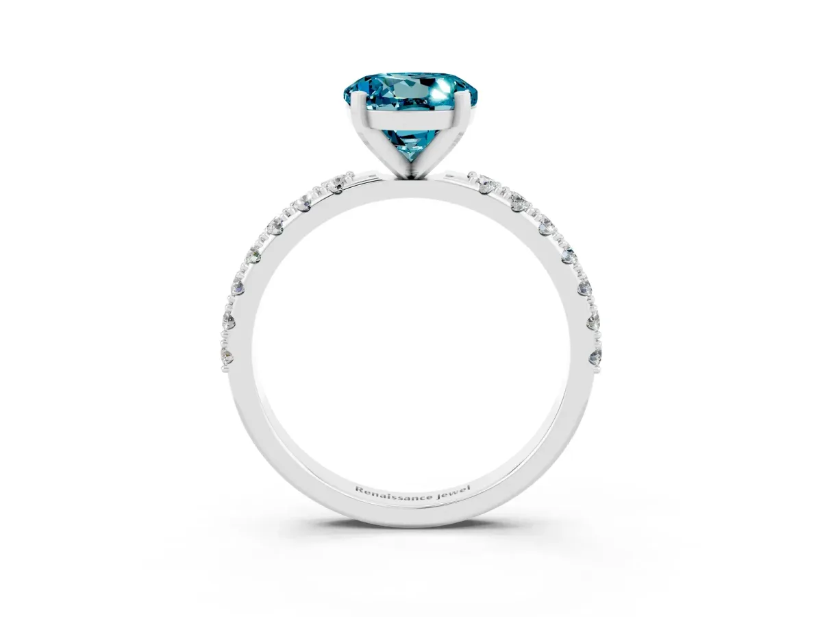 Round Cut Blue Topaz Solitaire Pavé Band with Four-Prong Setting Platinum