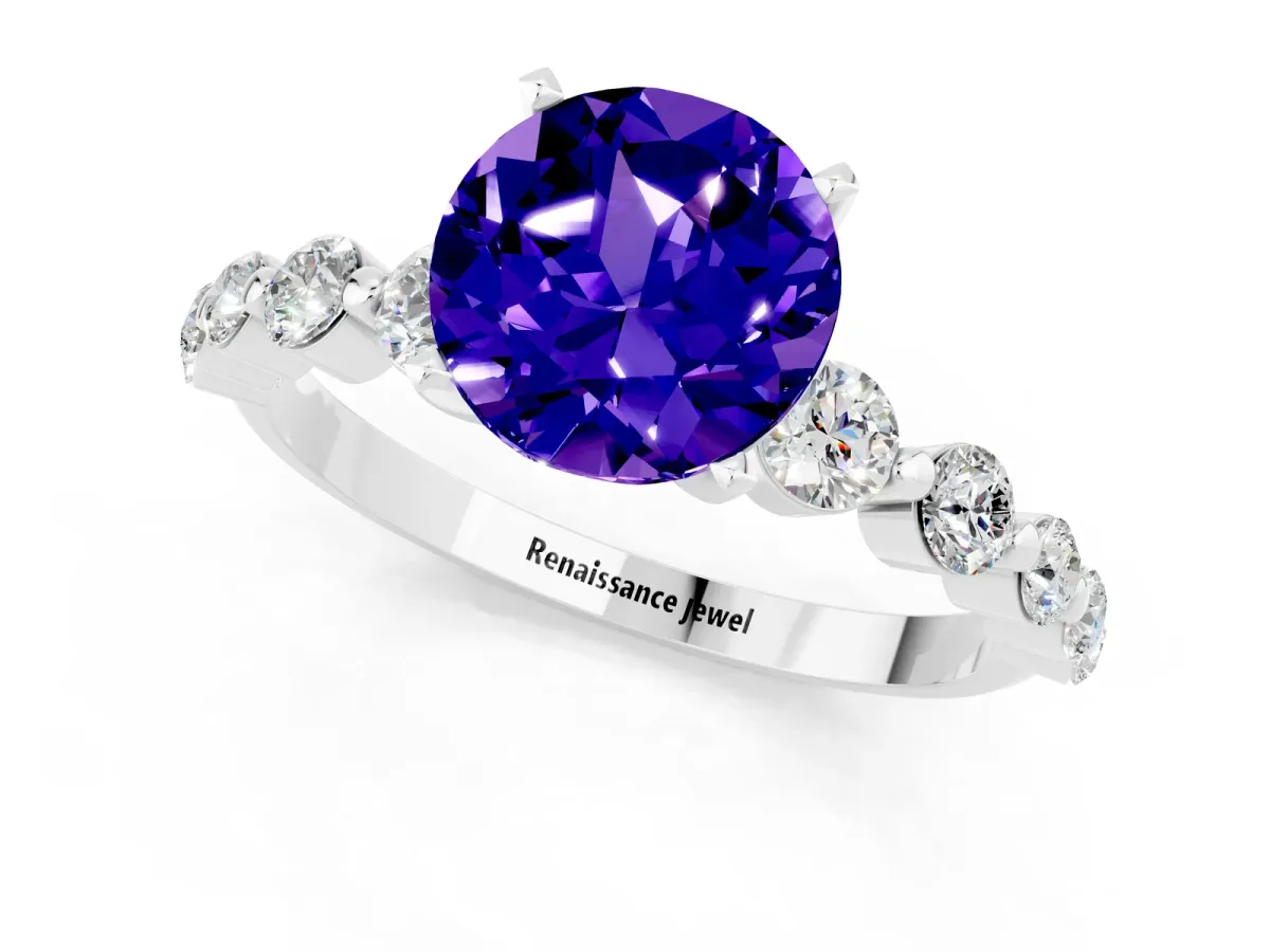 Round Cut Solitaire Tanzanite Ring with Pave Band and Four-Prong Setting Silver