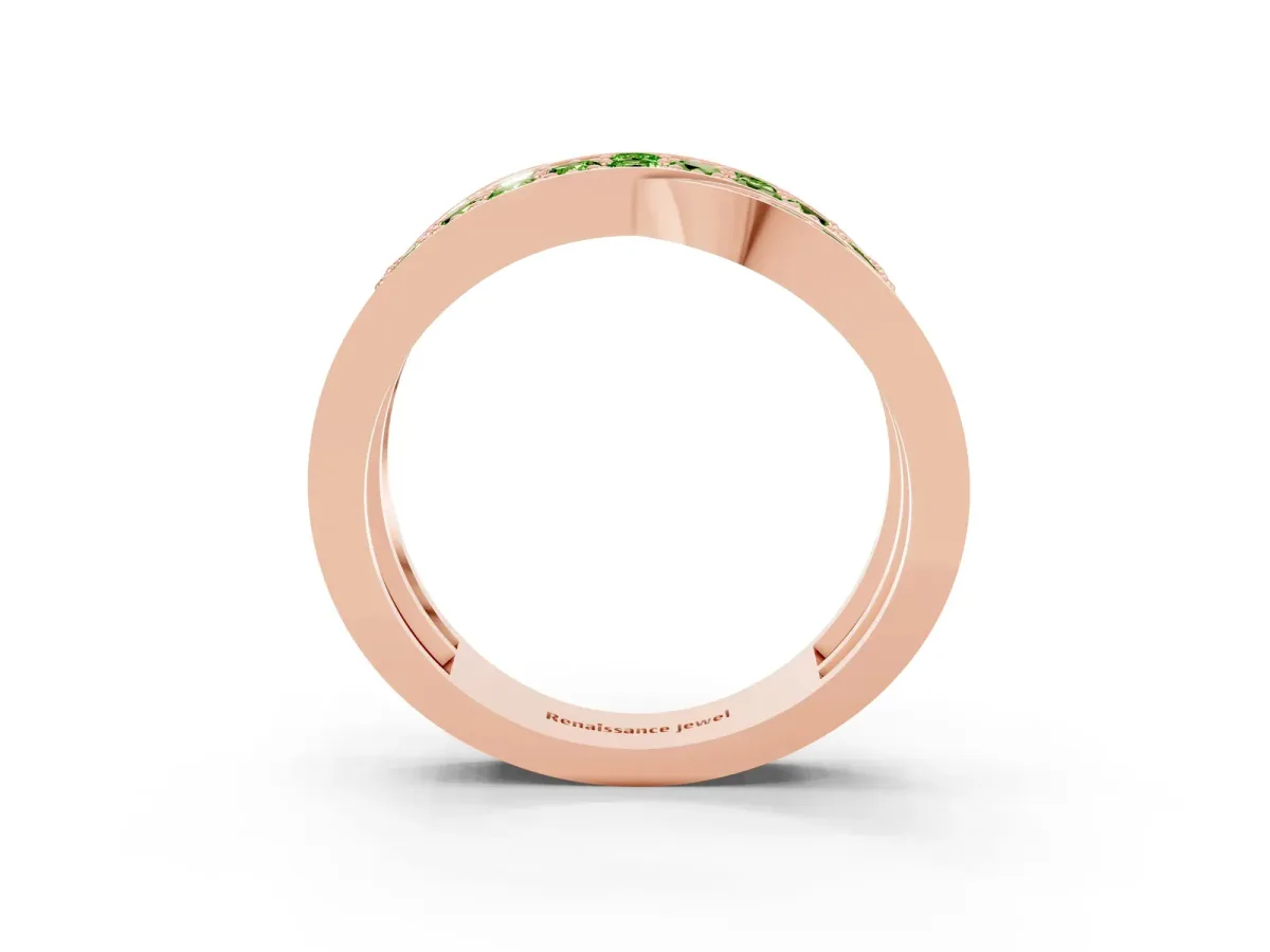Pavé Round Peridot Crossover Band with Bead Prong Setting Rose gold