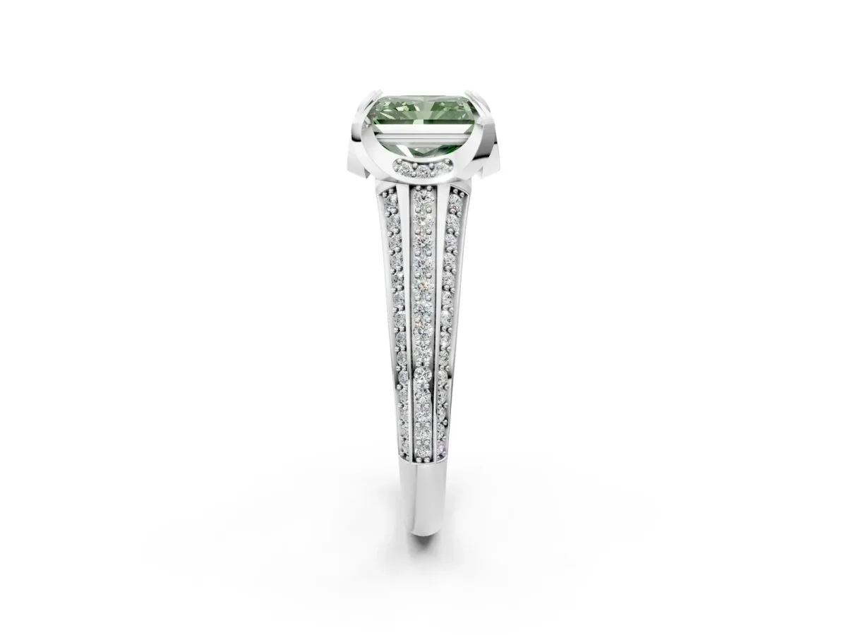 Fancy Green Radiant Cut Solitaire Pave Split Shank Ring with Four-Prong Setting Platinum
