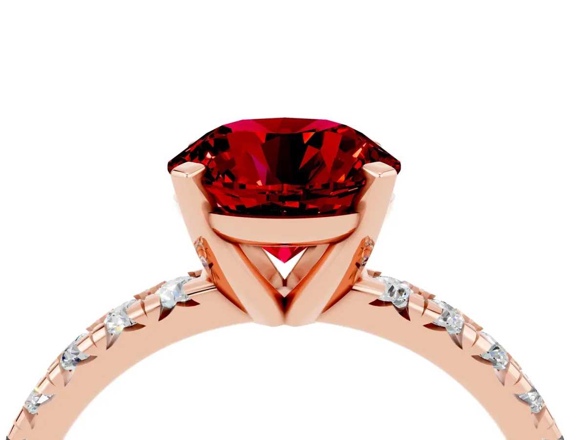 Round Cut Ruby Solitaire Pavé Engagement Ring with Round Band and Prong Setting Rose gold