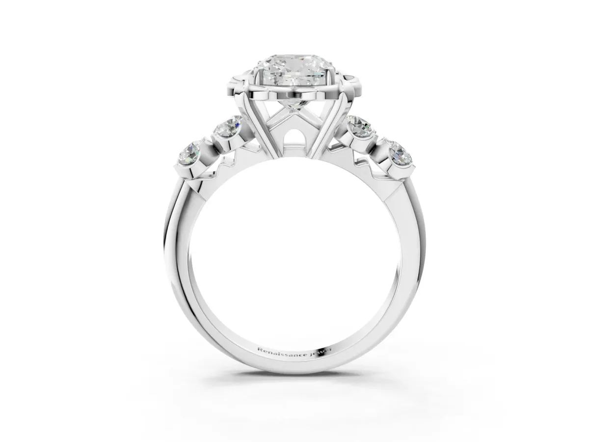 Cushion Cut Cut Diamond Floral Halo Engagement Ring with Shared Prong Setting Silver