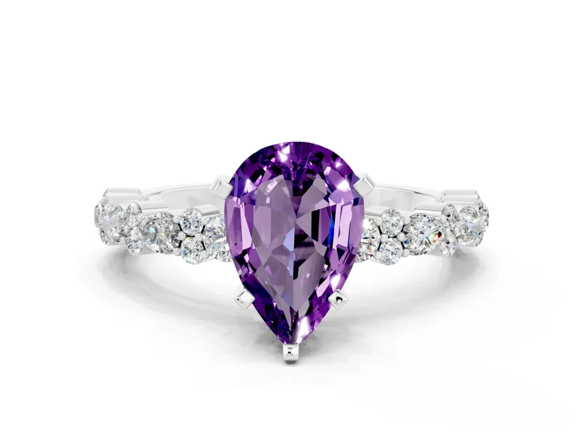 Pear Cut Amethyst Side Stone Solitaire Ring with Round and Four-Prong Setting White gold