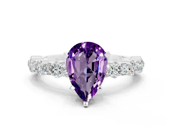 Pear Cut Amethyst Side Stone Solitaire Ring with Round and Four-Prong Setting White gold