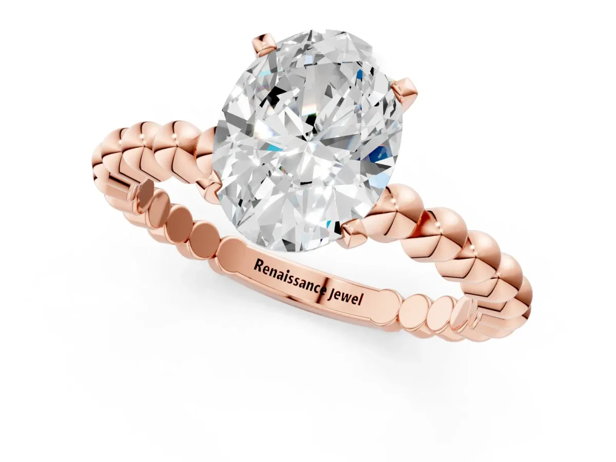 Oval Cut Diamond Solitaire Ring with Beaded Band and Prong Setting Rose gold