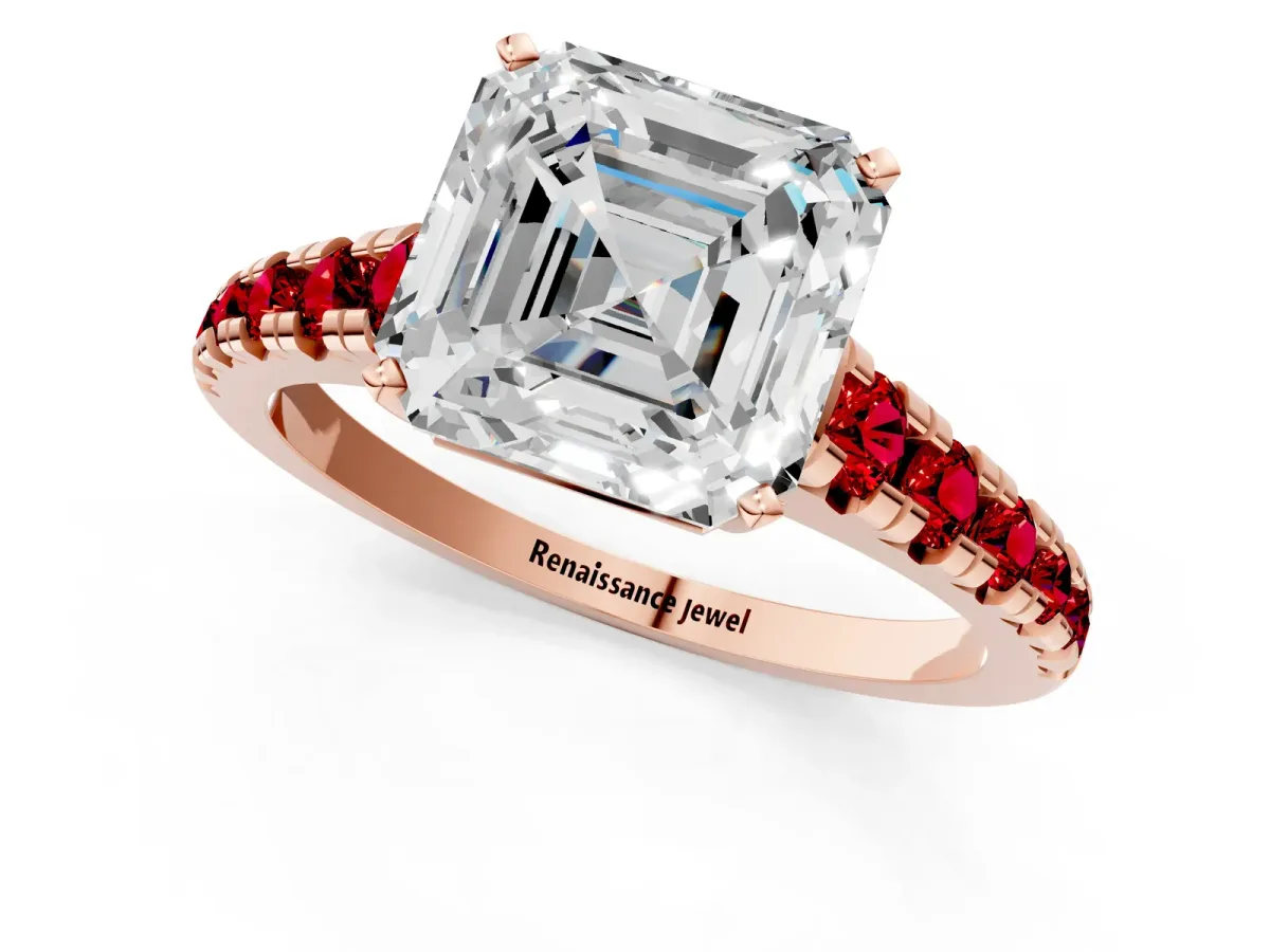 Asscher Cut Diamond Cathedral Solitaire Ring with Round Ruby Pavé Band Rose gold