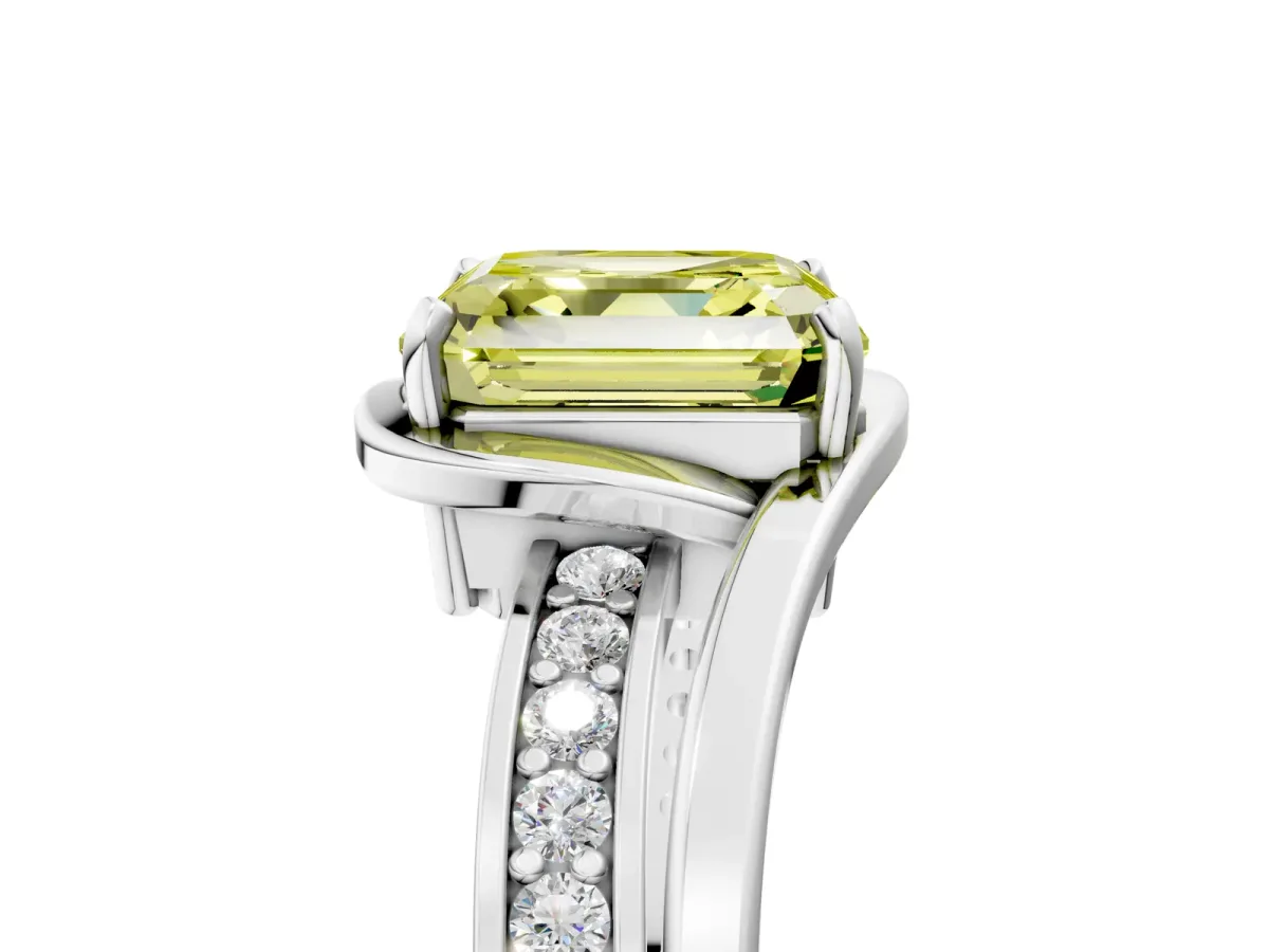 Fancy Yellow Asscher Cut Diamond Solitaire Ring with Split Shank and Prong Setting Platinum