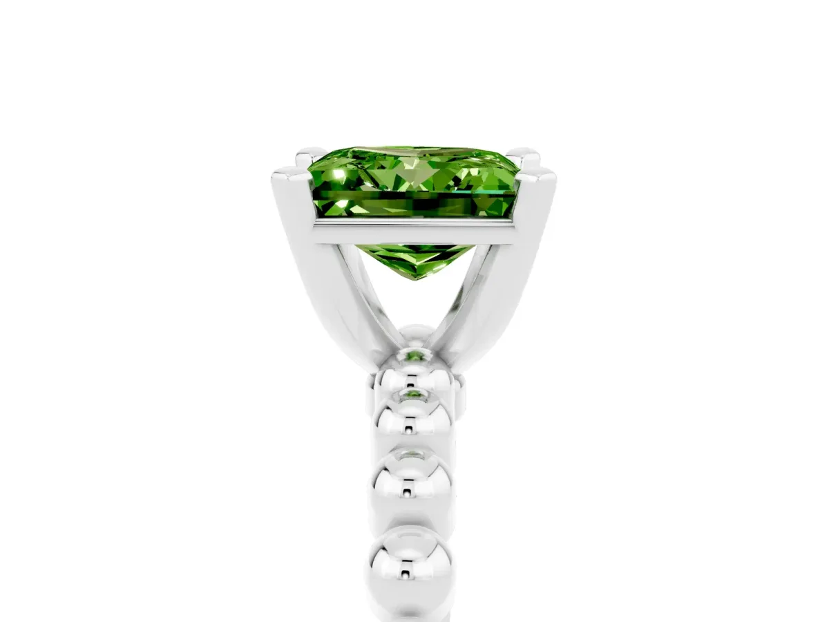 Princess Cut Peridot Solitaire Ring with Beaded Band and Prong Setting White gold