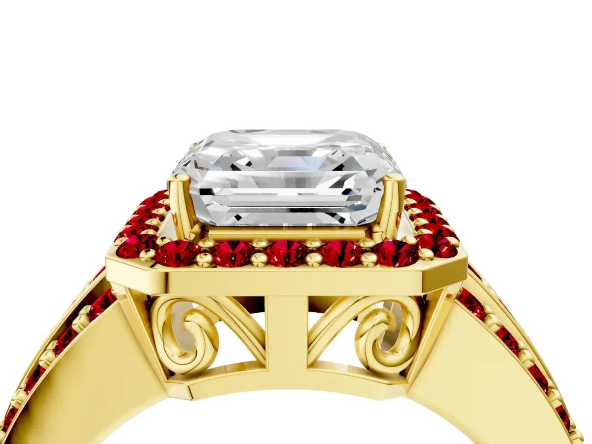 Asscher Cut Halo Diamond Ring with Round Ruby Split Shank and Prong Setting Yellow gold