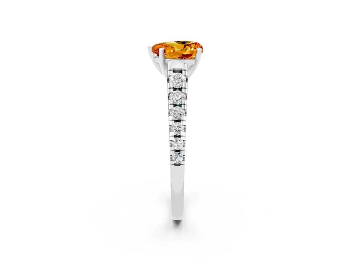 Heart Cut Citrine Cathedral Solitaire Ring with Round Pavé Band Silver