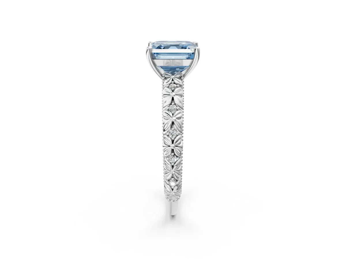 Fancy Blue Asscher Cut Solitaire Floral Milgrain Engagement Ring Platinum