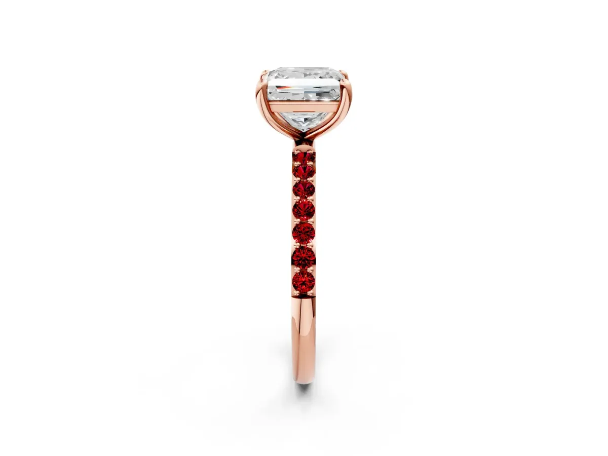 Princess Cut Diamond Solitaire Ring with Round Ruby Pavé Band and Prong Setting Rose gold