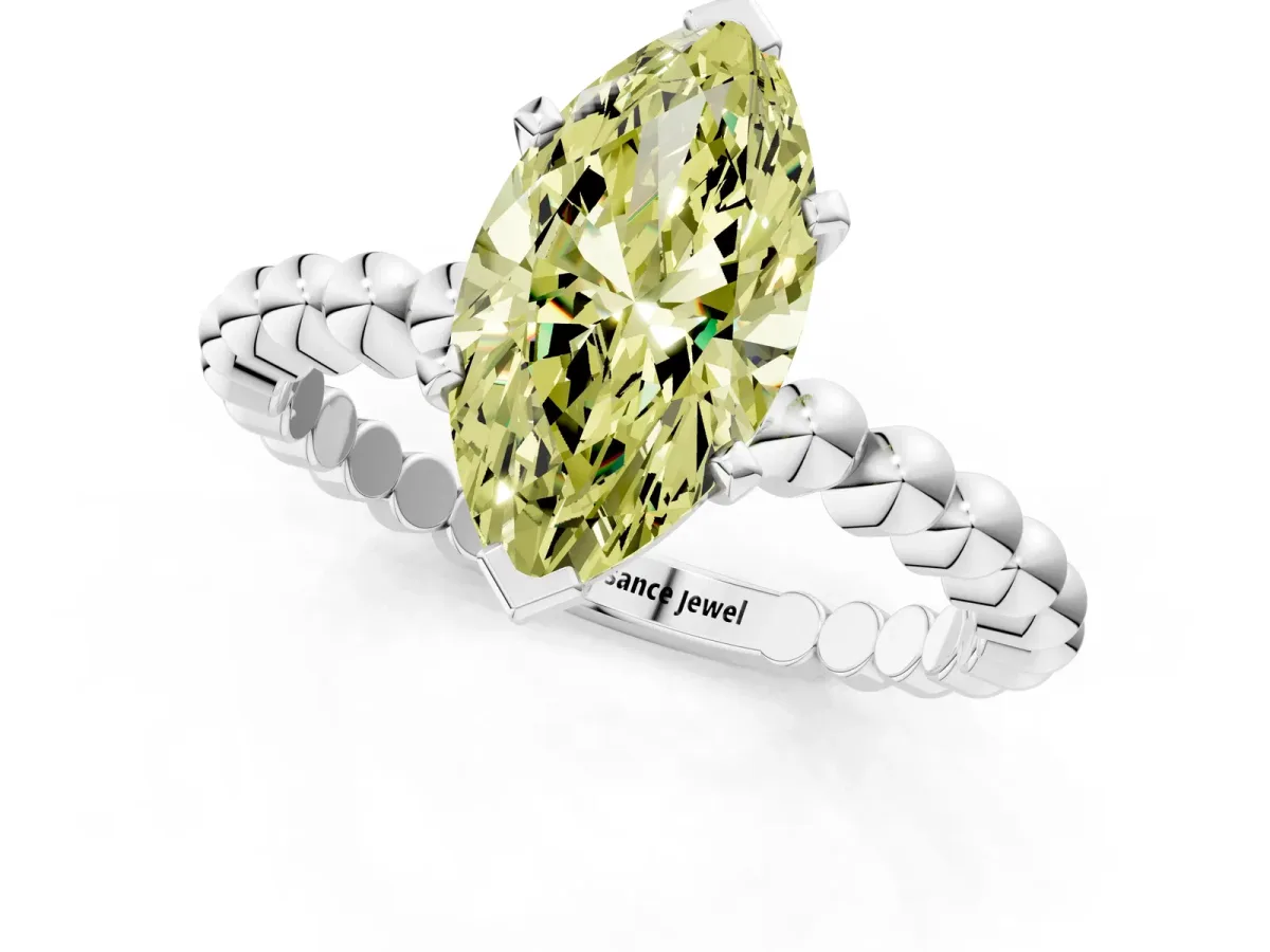 Fancy Yellow Marquise Cut Diamond Solitaire Ring with Beaded Band and Prong Setting Silver