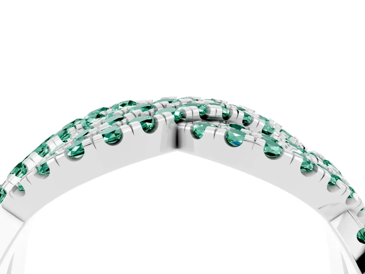 Pavé Round Green Sapphire Infinity Twist Band with Shared Prong Setting White gold