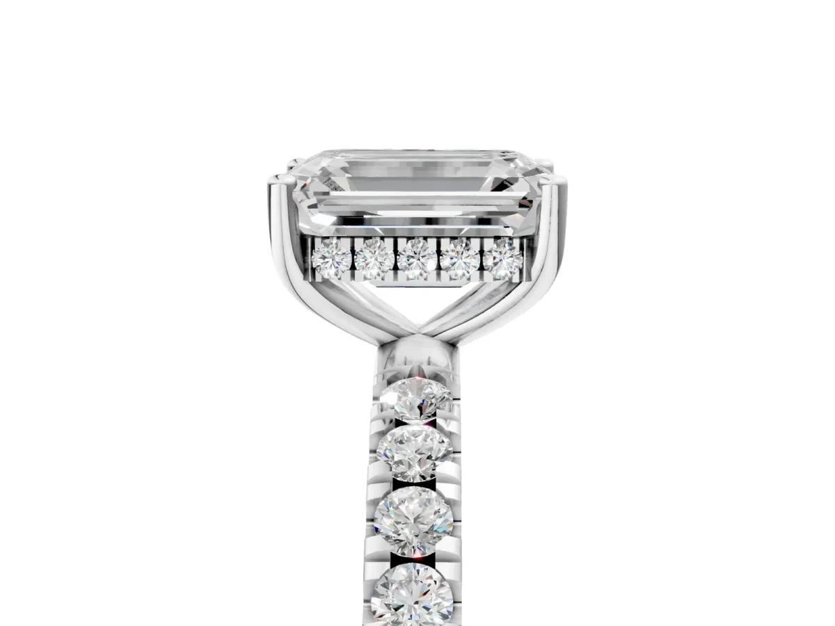 Emerald Cut Diamond Pave Band Solitaire Ring with Round and Prong Setting Platinum