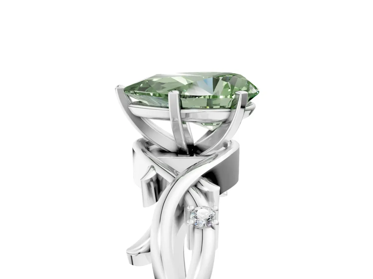 Fancy Green Pear Cut Diamond Solitaire Ring with Twisted Band and Prong Setting Silver